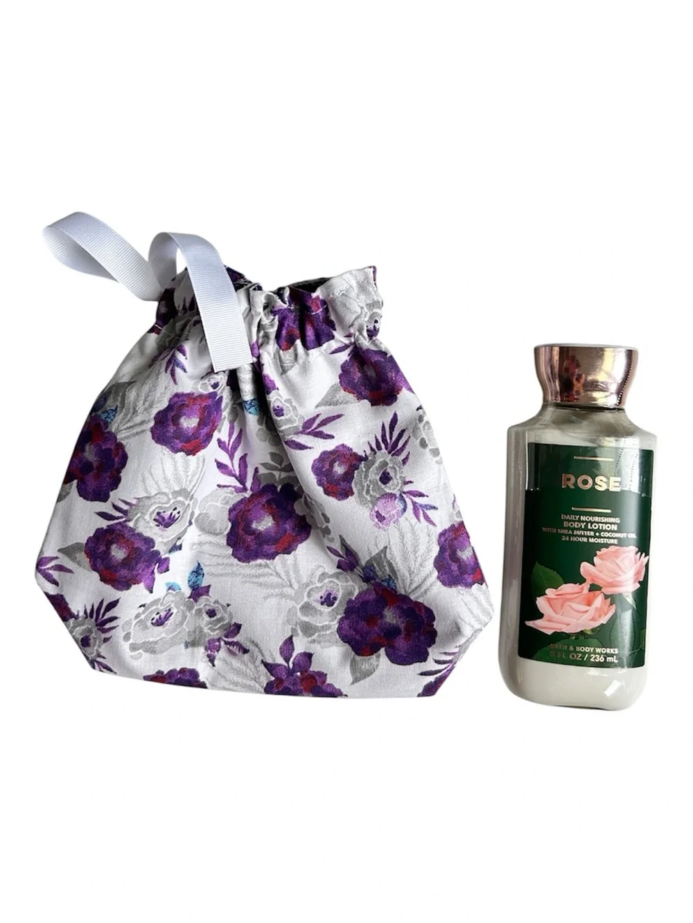 Hand Crafted Purple Floral Lined Fabric Gift Bag Reusable EcoFriendly Drawstring